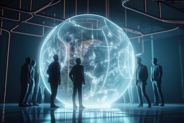 Poster - A Group Of People Standing Around A Large Glass Ball In A Room Aquarium Kinetic Art Motion Graphics Generative AI 