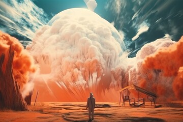 Fototapete - A Man Standing In A Desert With A Sky Background And A Huge Cloud Desert Video Art Motion Graphicswide shot of a bright daylight large futuristic office wall