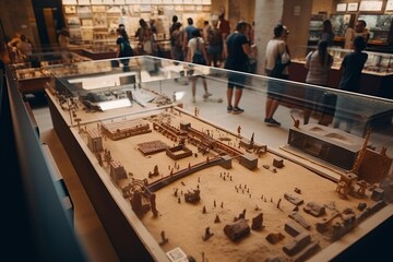 Poster - A Display Case With A Model Of A City In It And People Looking At It Historical Site Animation Museums Generative AI 