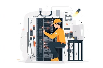 Poster - A Man In A Hardhat Working On A Server In A Server Room Power Plant Graphic Design Network Engineering