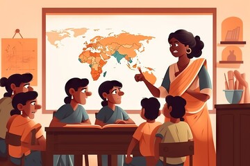 Poster - A Teacher Teaching Children In A Classroom With A Map On The Wall Classroom Animation Teaching