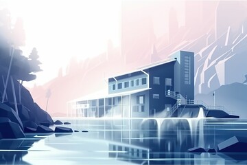 Poster - A Painting Of A Building On A Cliff By The Water With A Waterfall Waterfall Animation Environment