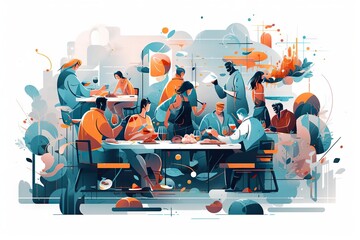 Poster - A Group Of People Sitting Around A Table Eating Food And Drinking Restaurant Graphic Design Social Innovation Generative AI 