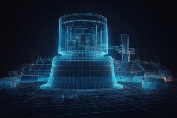 Poster - A Futuristic Building With A Blue Wire Frame Around It And A Black Background Power Plant Animation Manufacturing Planning And Control Generative AI 