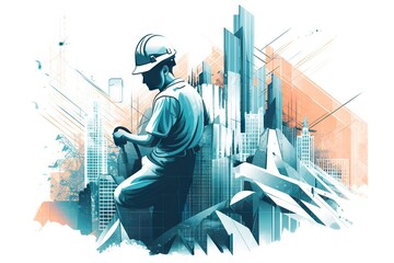 Poster - A Man In A Helmet Is Standing In Front Of A City Construction Site Constructivism Construction Management Generative AI 