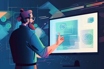 Poster - A Man Is Pointing To A Screen With Diagrams On It And A Person Is Pointing At It Workshop Graphic Design Web Design Generative AI 