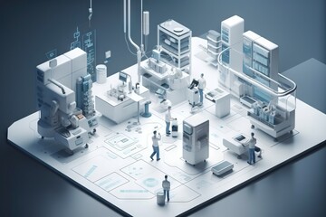 Poster - a group of people standing around a kitchen in a futuristic setting hospital animation medical devic