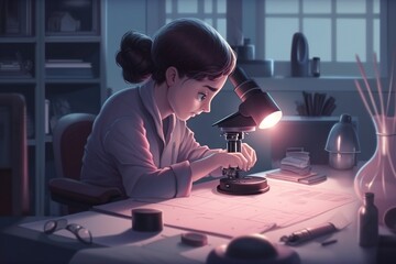 Poster - A Woman Looking Through A Microscope At A Table With A Lamp Workshop Animation Data Analysis