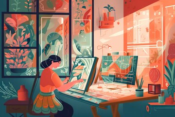 Poster - A Woman Is Painting A Picture In A Room With Plants And A Table Workshop Graphic Design Print Design