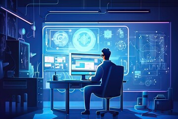 Poster - A Man Sitting At A Desk In Front Of A Computer Monitor Workshop Graphic Design Supply Chain Optimization Generative AI 