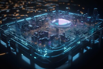 Poster - A Futuristic City With A Circular Object In The Middle Of It Modern City Skyline At Night Animation Motion Graphics
