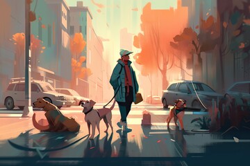 Poster - A Man Walking Two Dogs Down A City Street In The Rain European City Street In Autumn With Fallen Leaves Animation Dogs Generative AI 