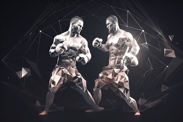 Poster - Two Men In Geometric Polygonal Style Pose For A Photo With A Black Background Boxing Gym Animation Motion Graphics Generative AI 