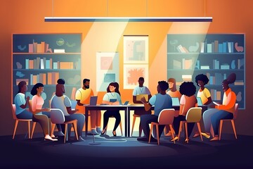 Poster - A Group Of People Sitting At A Table In A Library With Bookshelves Conference Room Graphic Design Diversity And Inclusion Generative AI 