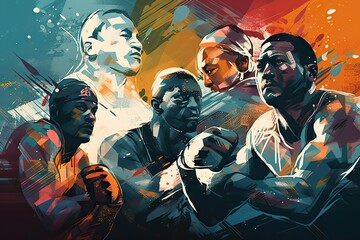 Poster - A Group Of Men Standing Next To Each Other In Front Of A Colorful Background Boxing Gym Sports Photography Motion Graphics Generative AI 