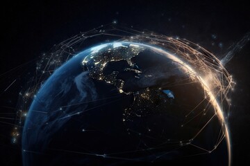 Fototapete - A View Of The Earth From Space With A Network Of Lights Deep Sea Trench Panoramic Photography Supply Chain Optimization Generative AI 