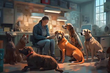 Poster - A Woman Sitting In A Kitchen Surrounded By Dogs And A Dog Laying On The Floor Workshop Animation Veterinary Medicine Generative AI 