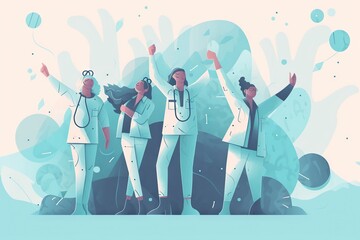 Poster - A Group Of People In White Uniforms Standing Together With Their Arms In The Air Iceberg Animation Motion Graphics Generative AI 
