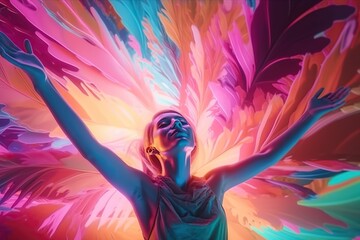 Fototapete - A Woman With Her Arms Outstretched In Front Of A Colorful Background Oasis Video Art Motion Graphics