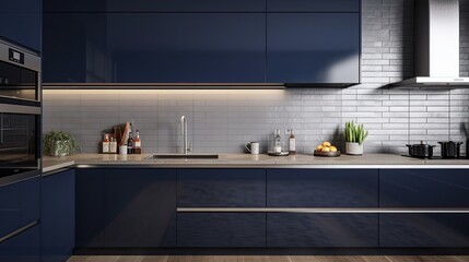 Wall Mural - Modern minimalist kitchen with stainless steel appliances and a dark blue backsplash. generative ai