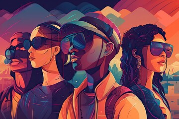 Poster - A Group Of People With Sunglasses On Their Faces And A City In The Background Oasis Graphic Design Digital Illustration Generative AI 