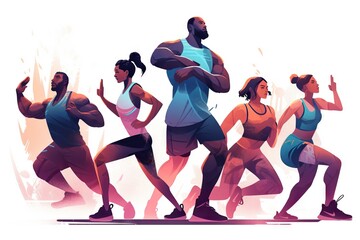 Poster - A Group Of People Running In A Line With A Man In The Middle Fitness Center Animation Fitness Apparel Generative AI 