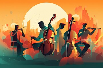 Poster - A Group Of Musicians Playing Instruments In Front Of A Cityscape Modern City Skyline At Sunset Renaissance Instrumental Performance Generative AI 