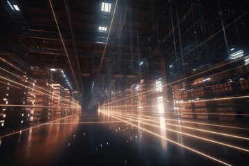 Poster - a large room with lots of lights in it and a person standing in the middle warehouse animation wareh