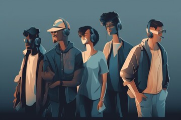 Poster - A Group Of People Wearing Headphones And Standing Next To Each Other Radio Station Animation Headphones Generative AI 