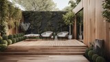 Fototapeta Londyn - The exterior of a back garden patio area with wood decking. generative ai