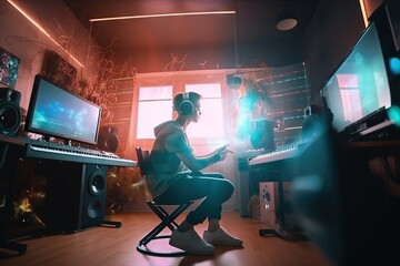 Poster - A Man Sitting In A Chair In Front Of A Computer Desk Recording Studio Animation Music Production