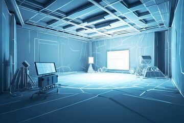 Poster - a room with a tv and a chair in it with a blue background workshop animation manufacturing planning 