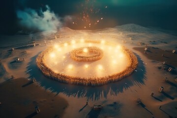 Poster - A Group Of People Standing Around A Circle Of Firework In The Middle Of A Desert Stadium Land Art War Generative AI 