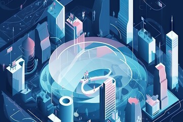 Poster - A Futuristic City With A Giant Blue Object In The Middle Of It Modern Urban Skyline Graphic Design Smart Homes