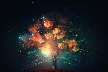 Poster - A Tree With Many Branches And Colorful Lights In The Background Of The Image Orchard Environmental Art Energy Healing Generative AI 