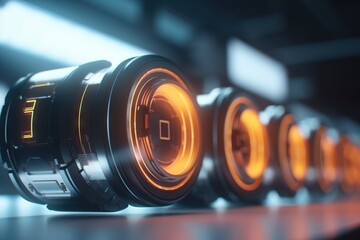 Poster - A Row Of Orange And Black Lights In A Room With A Black Floor Factory Animation Motion Graphics