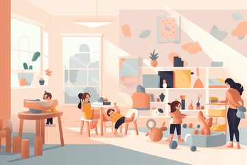 Poster - A Woman And Children Are Playing In A Room With Toys And Furniture Classroom Animation Interior Design