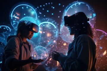 Poster - Two People Wearing Virtual Glasses In Front Of A Wall Of Bubbles Workshop Stereoscopic Photography Virtual Reality Generative AI 