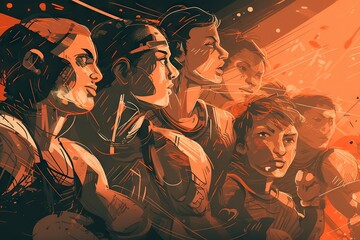 Poster - A Group Of People Standing Next To Each Other In Front Of A Red Background Basketball Court Digital Art Digital Illustration Generative AI 