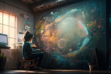 Fototapete - A Woman Sitting At A Desk In Front Of A Painting On A Wall Graffiti Wall Graffiti Art Creativity