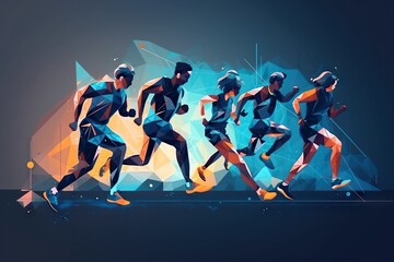 Poster - A Group Of People Running In A Race With A Blue Background Sports Bar Sports Photography Sports Coaching Generative AI 
