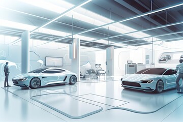 Poster - A Man Standing In A Garage Next To Two Cars In The Garage Car Repair Shop Advertising Photography Automotive Design Generative AI 