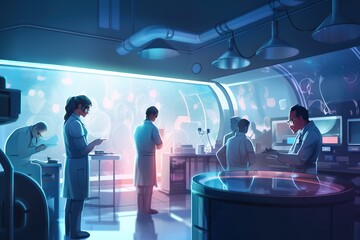 Poster - A Group Of People In A Lab With A Monitor And A Microscope Factory Animation Medical Devices Generative AI 