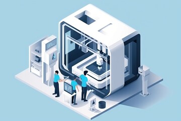 Poster - A Couple Of People Standing Next To A Machine On A Blue Background Factory Paper Cutting Manufacturing Planning And Control Generative AI 