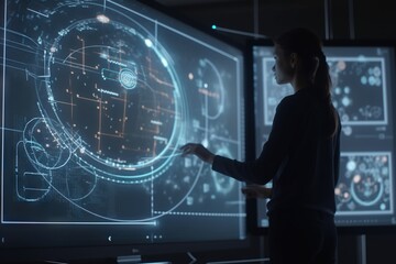 Poster - A Woman Standing In Front Of A Large Screen With A Futuristic Interface Conference Room Animation Data Analytics Generative AI 