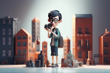 Poster - A Cartoon Boy With A Camera And A Backpack In Front Of A City Workshop Animation Motion Graphics