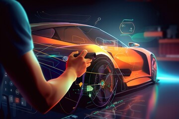 Poster - A Person Is Drawing A Car On A Computer Screen With A Neon Background Car Repair Shop Photorealism Automotive Design Generative AI 