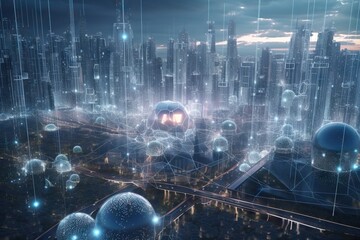 Poster - A Futuristic City With A Lot Of Bubbles Floating Over It And A Lot Of Lights City Skyline Animation Motion Graphics