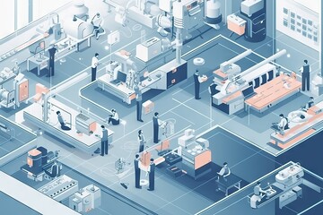 Poster - a factory with workers and machines in it's industrial environment factory animation manufacturing p