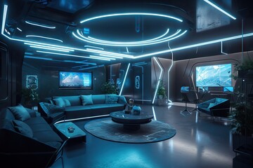 Poster - A Living Room With A Lot Of Furniture And A Big Screen Living Room Photorealism Smart Home Generative AI 